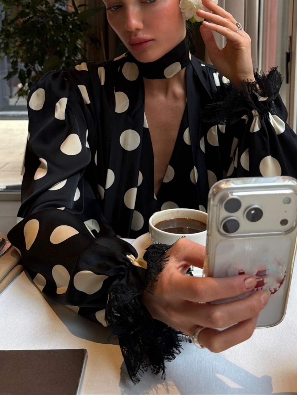 Polka Dot Dress Print Hanging Neck V-neck Bubble Sleeve Cinched Waist Fish Tai - Picture 8 of 12